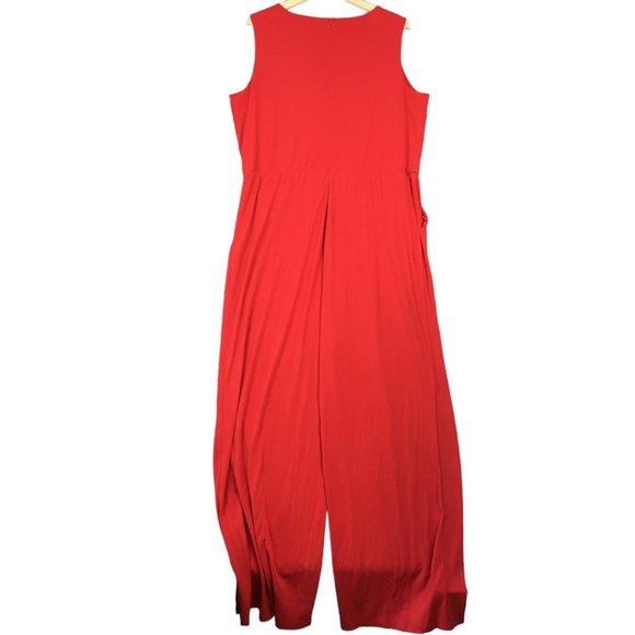 J Jason Wu Jumpsuit XL Solid Red Sleeveless City Knit Pockets Wide Leg Ruched - Picture 4 of 16